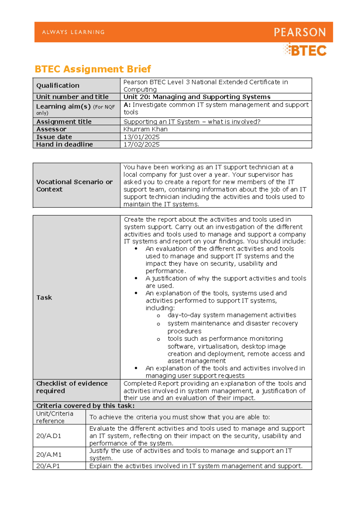 L3 COM U20 Managing & Supporting IT Systems – Assignment 1 Guide - Studocu
