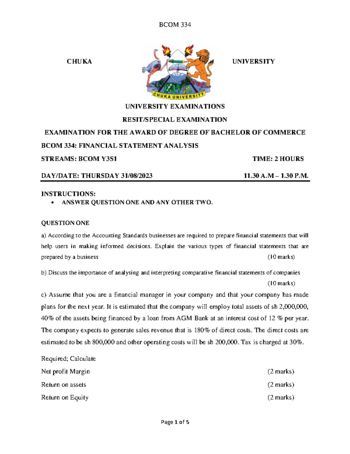 BCOM 334: Financial Statement Analysis Exam Notes - Chuka University ...