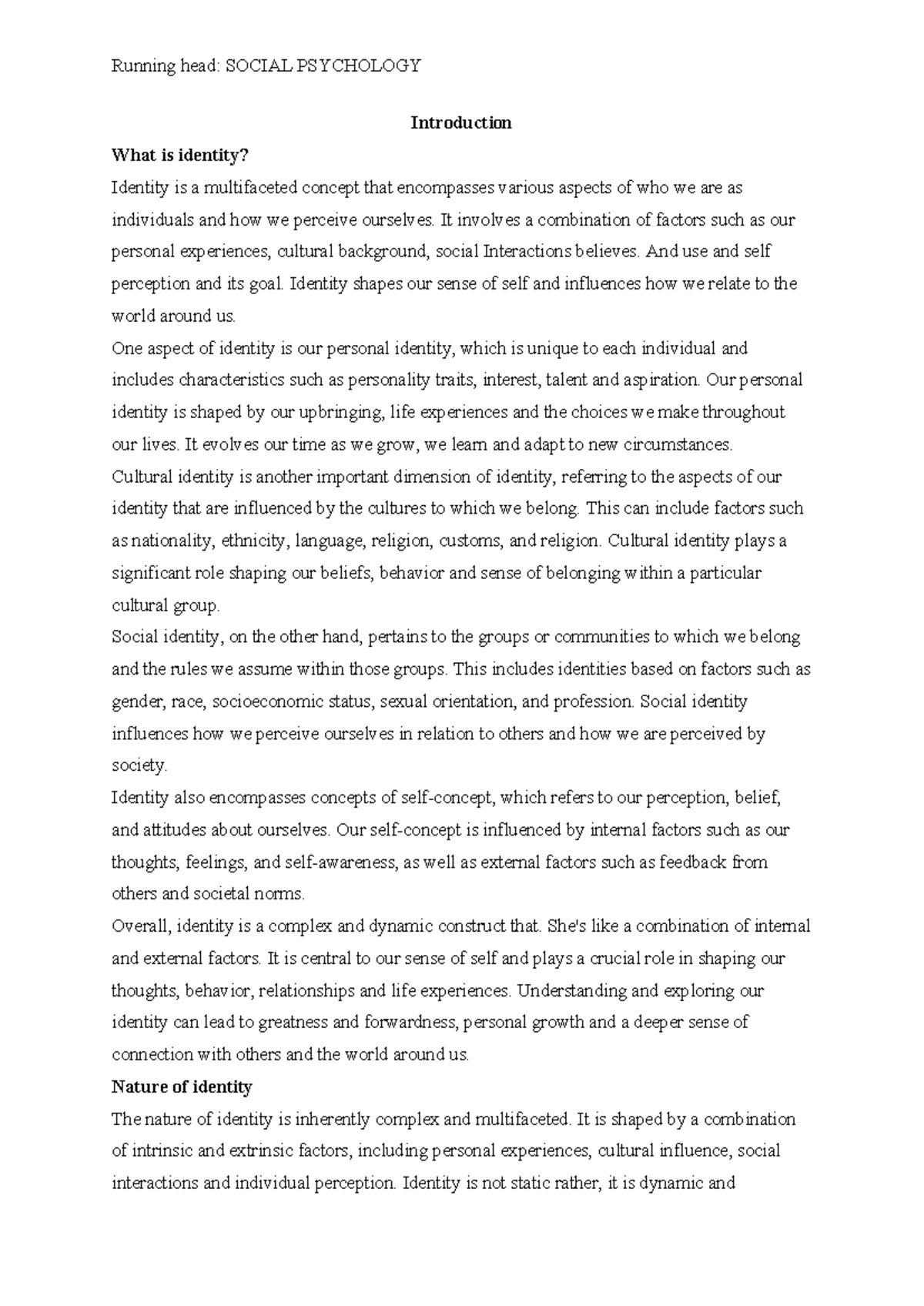 Rough draft social - Introduction What is identity? Identity is a ...
