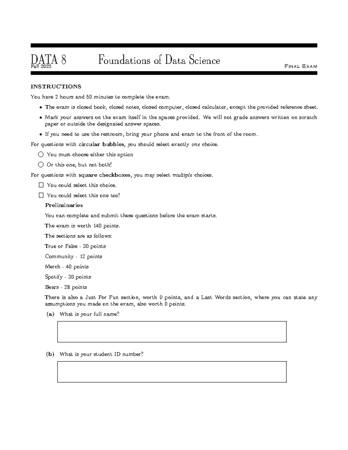 Data8-fa23-Final Exam - Practice Questions for Fall 2023 Exam - Studocu