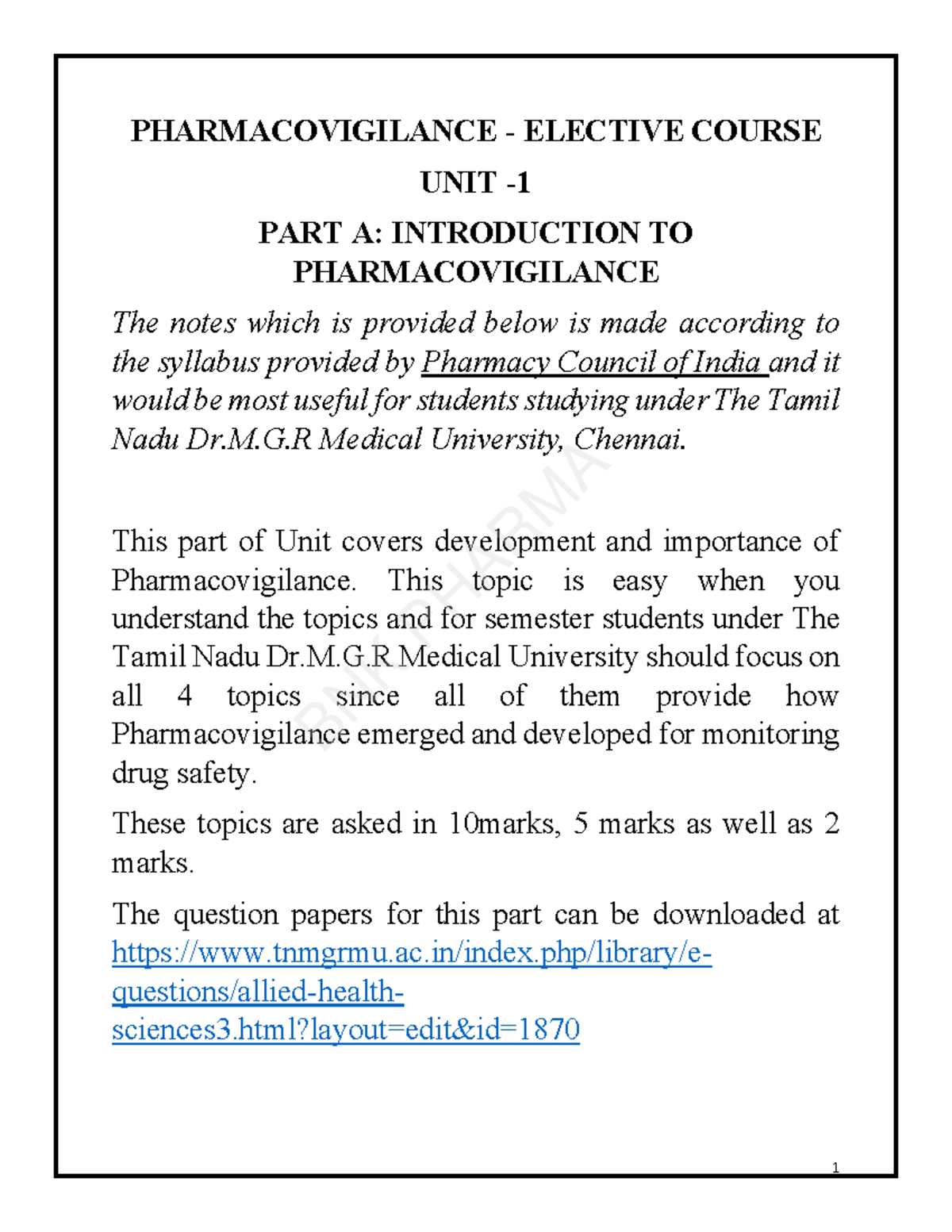 Pharmacovigilance Elective Course Unit 1 Part 1 Study Notes - Studocu