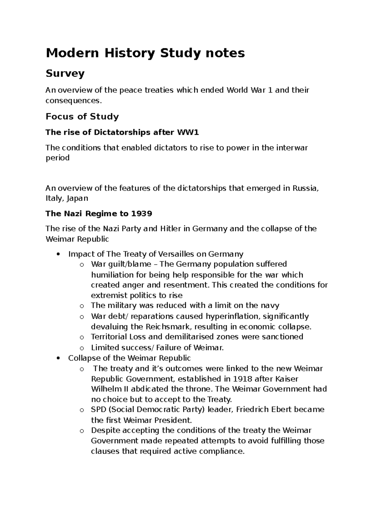Modern History Study Notes: WW1 Peace Treaties & Rise of Dictatorships ...