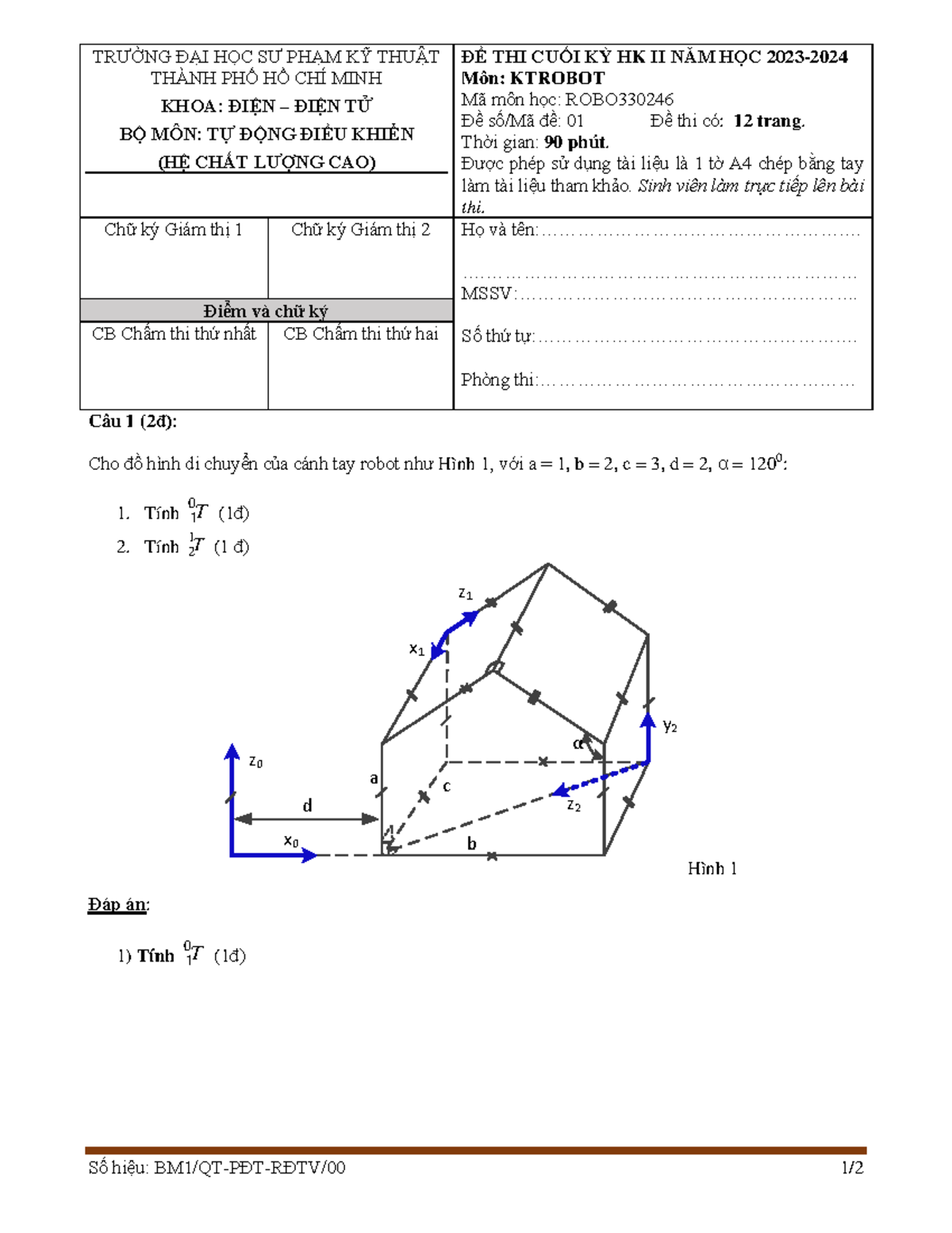 Đề Thi Cuối Kỳ HK II Môn KTROBOT ROBO330246 - Đáp Án CLC 2023-2024 - Document Preview