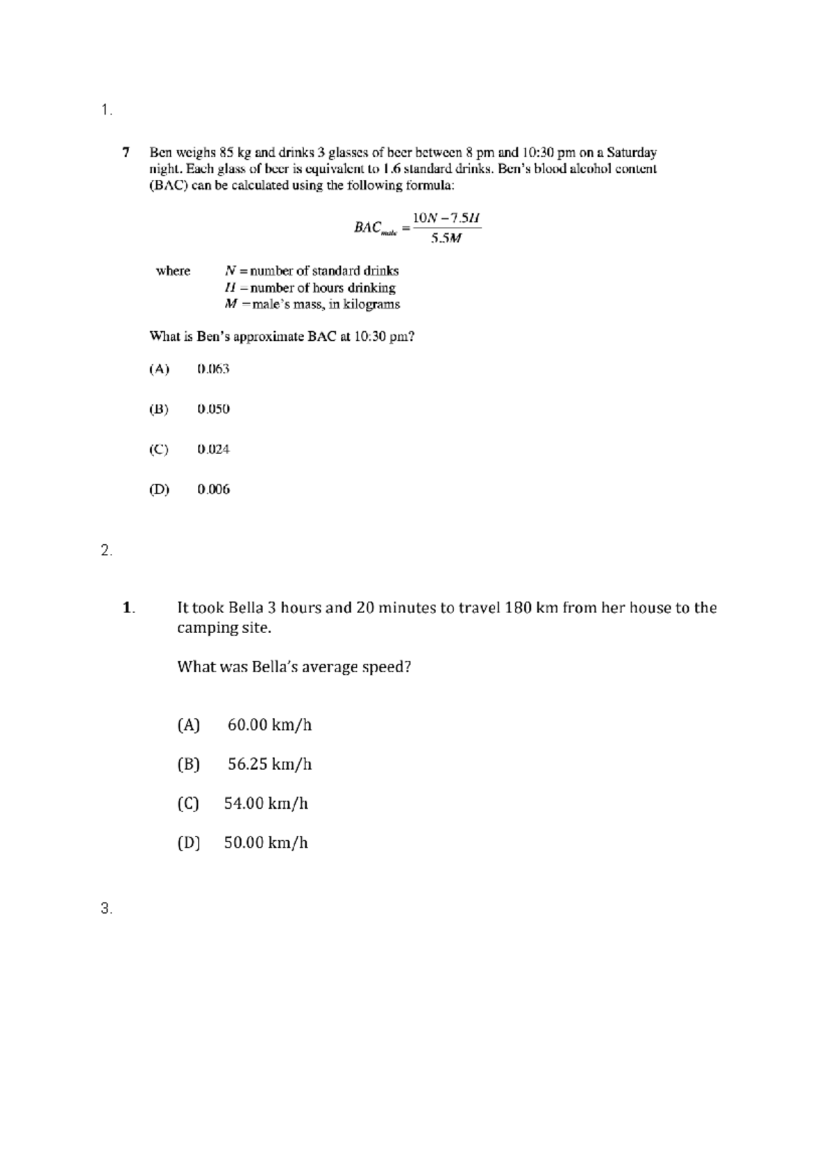 Year 12 Math Standard: BAC Calculations & Speed Problems - Studocu