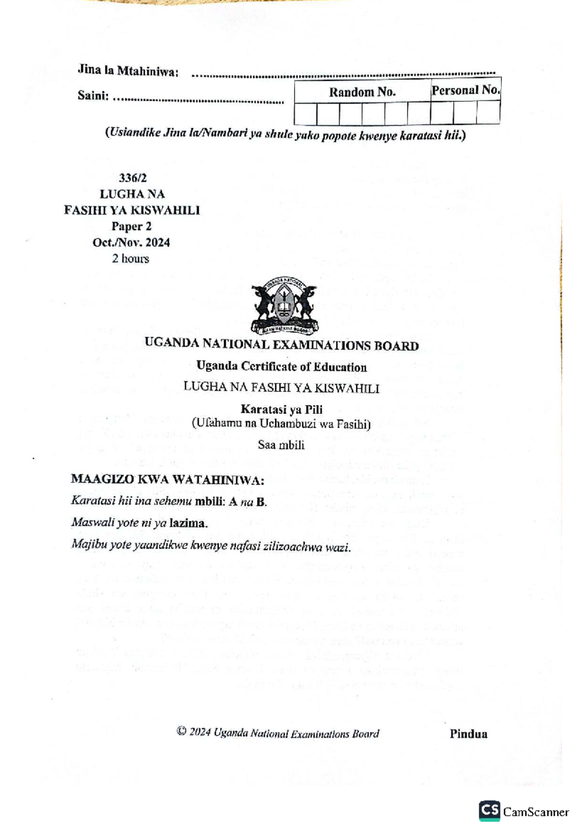 UCE LUGHA NA FASIHI YA KISWAHILI Paper 2 2024 - Exam Insights - Studocu