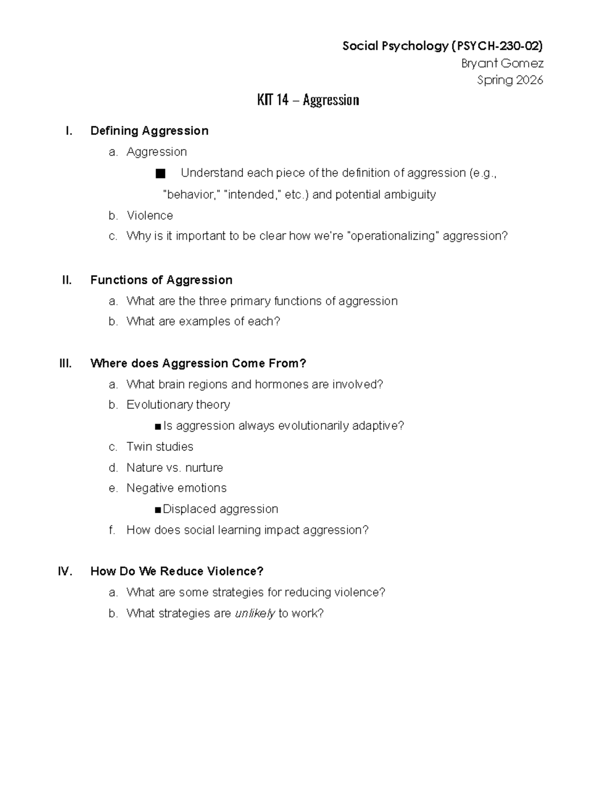 Social Psychology KIT 14: Understanding Aggression and Violence - Studocu