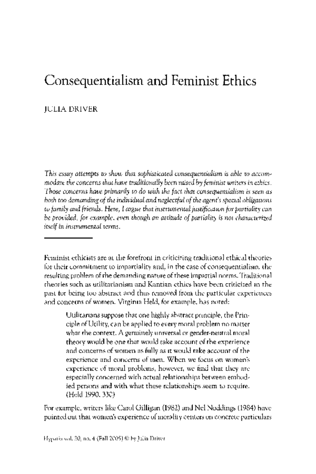 Julia Driver - Consequentialism and Feminist Ethics - Consequentialism ...