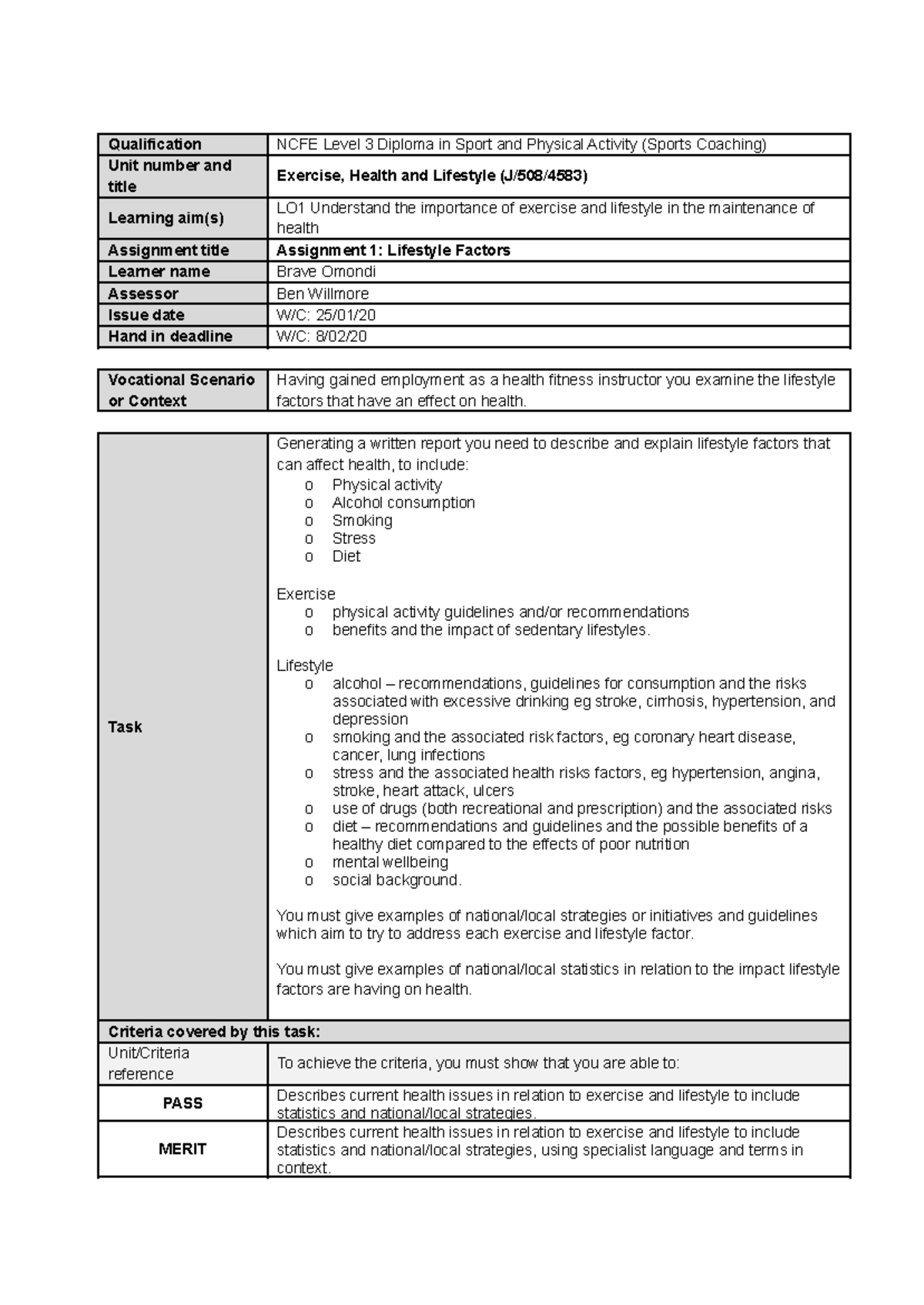 Exercise, Health and Lifestyle - Assignment 1 Report (J/508/4583) - Studocu
