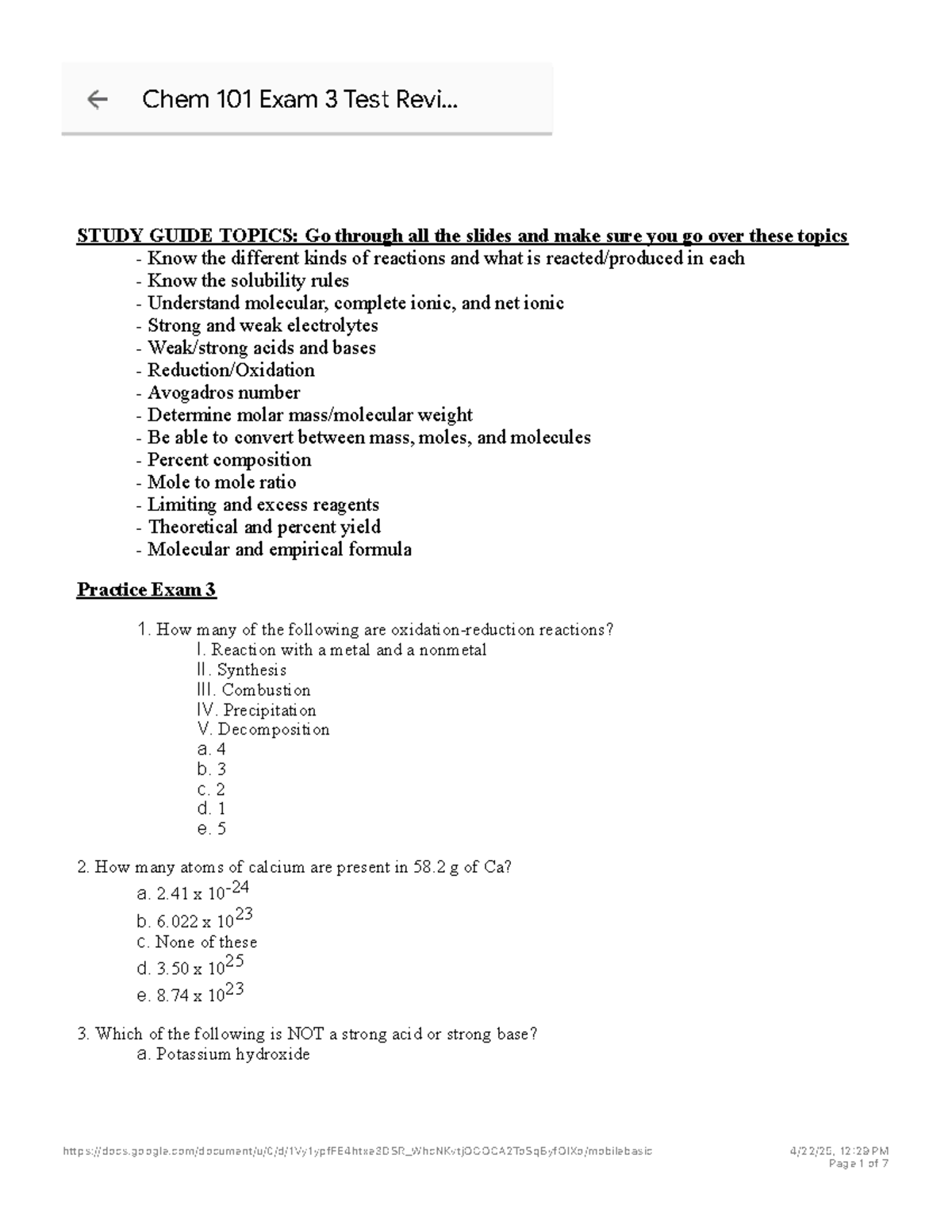 Chem 101 Final Exam Review Guide and Practice Questions - STUDY GUIDE ...