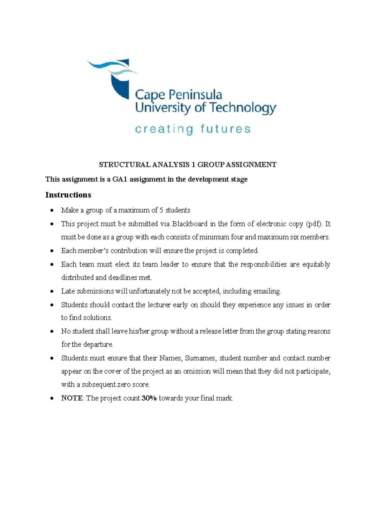 STA262S Structural Analysis 1 Group Assignment Guidelines 2025 - Studocu
