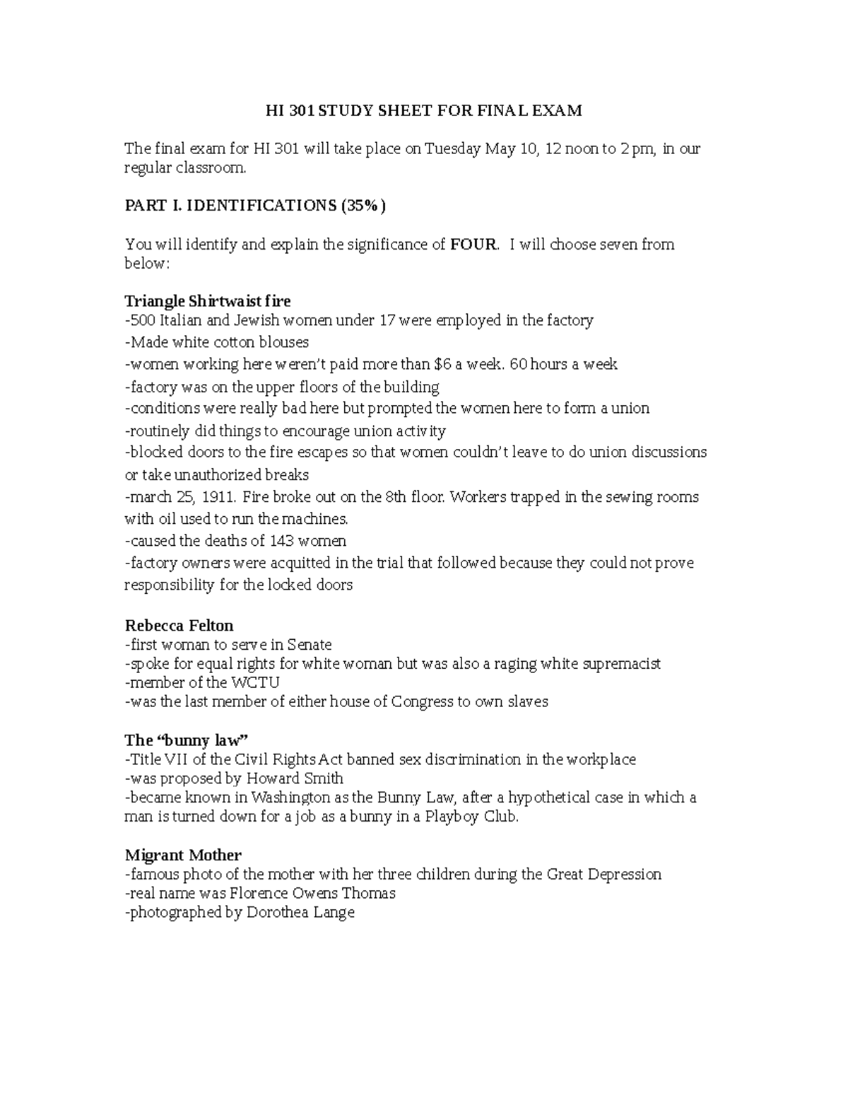 HI 301 Final Exam Study Guide: Key Themes & Identifications for Review ...