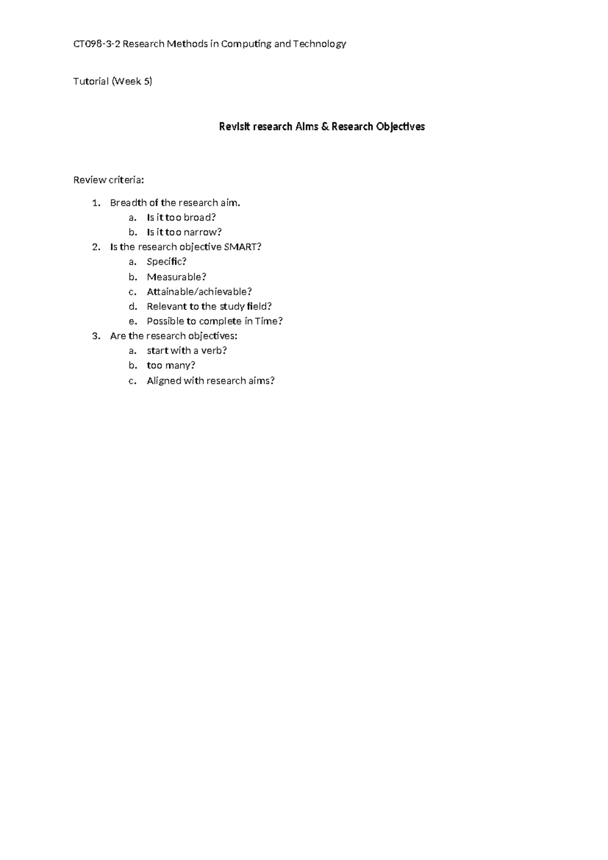 Tutorial Wk 5 Research Aims and Research Objectives - CT098-3-2 ...