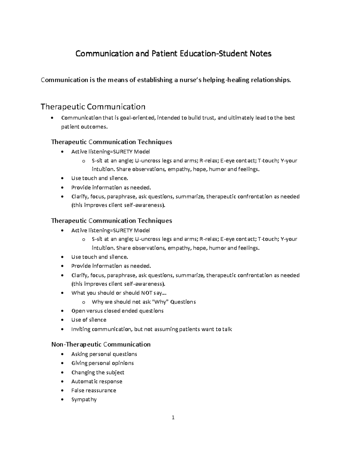 Communication and Patient Education Notes - Nursing Techniques (NURS ...