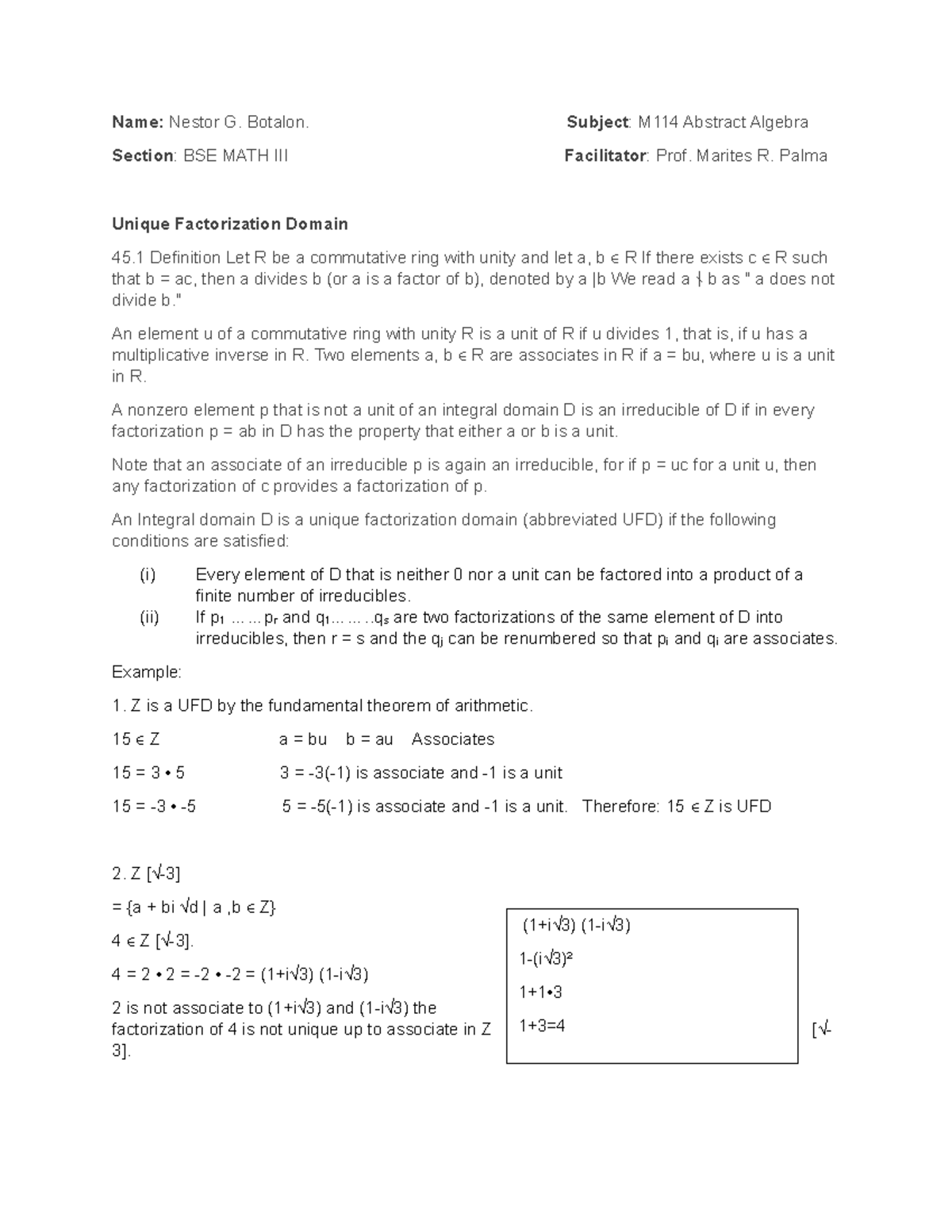 M114 Abstract algebra written report on unique factorization domain ...