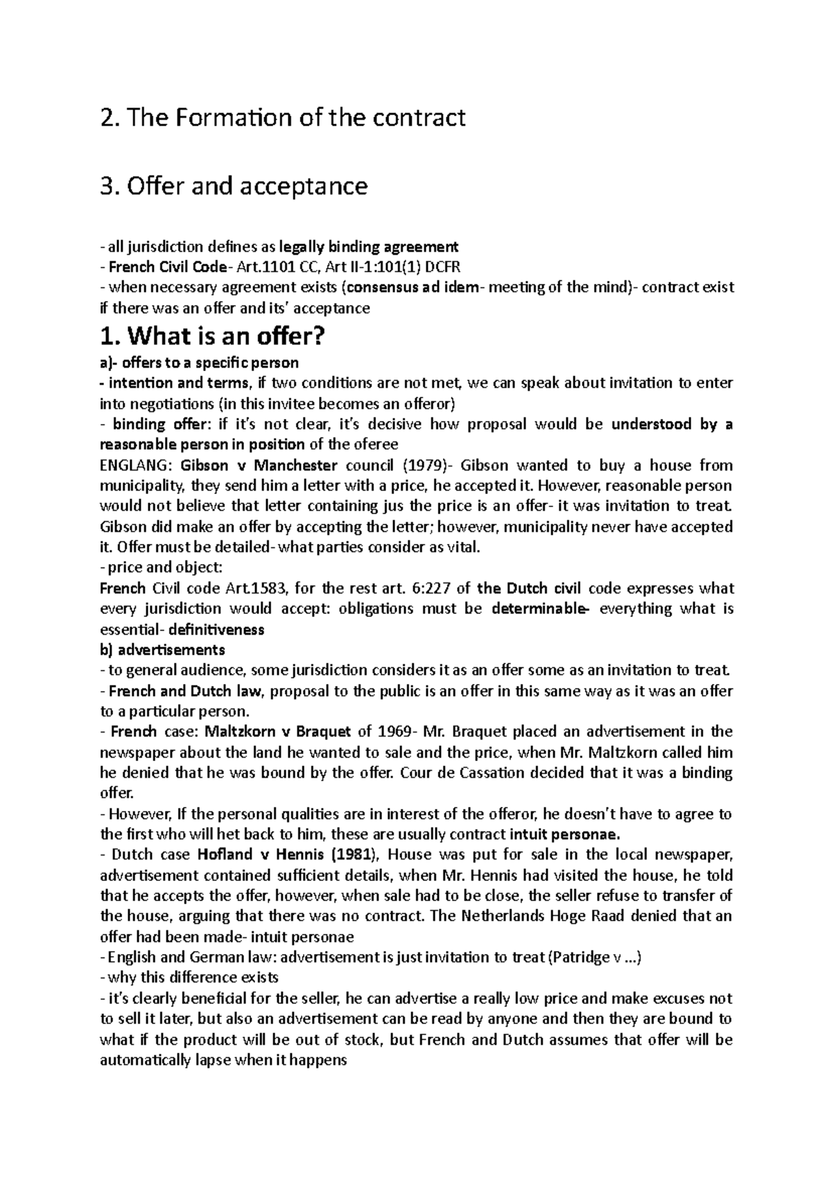 W1:2 - Study Notes on Offer and Acceptance in Contract Law - Studeersnel