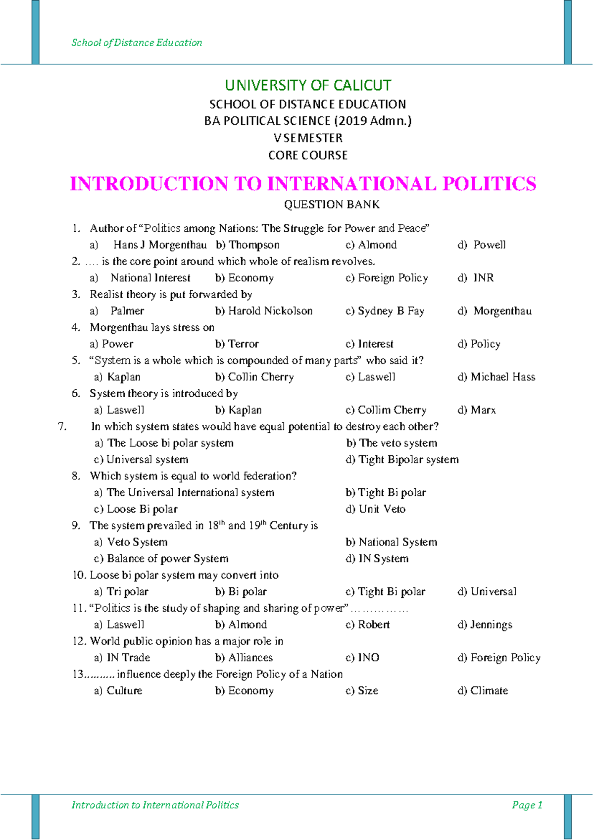 BA POLITICAL SCIENCE V SEMESTER: MCQ Question Bank on International ...
