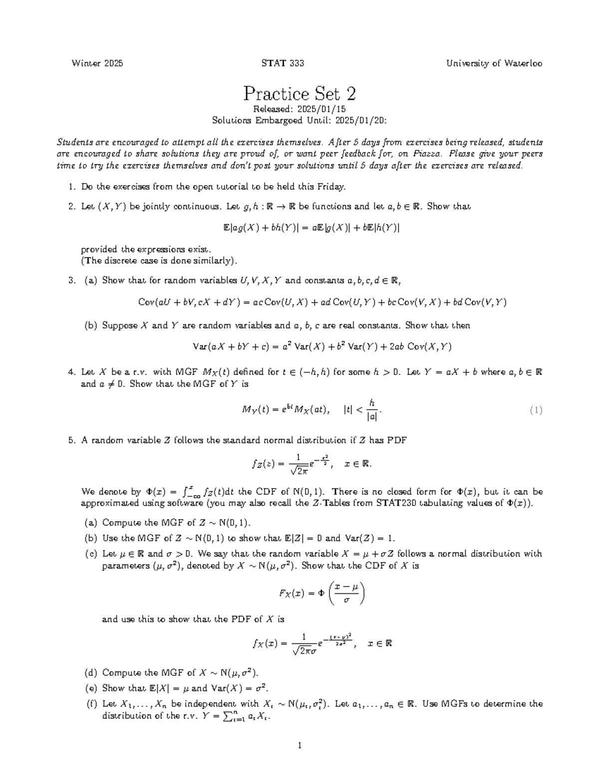 STAT333 Winter 2025 University of Waterloo practice set 2 solutions ...