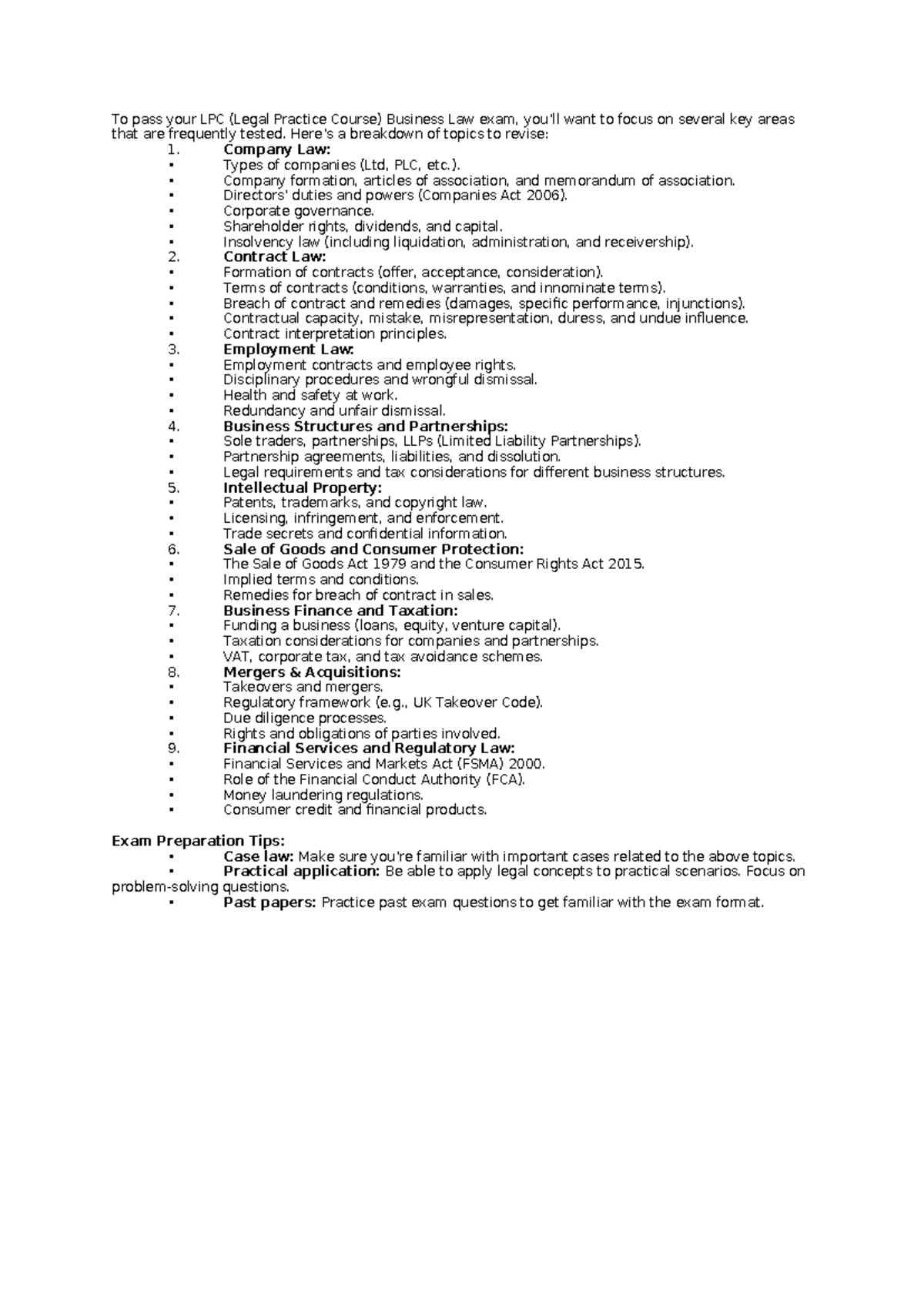 LPC Final Exam Notes: Key Topics in Business Law and Exam Tips - Studocu