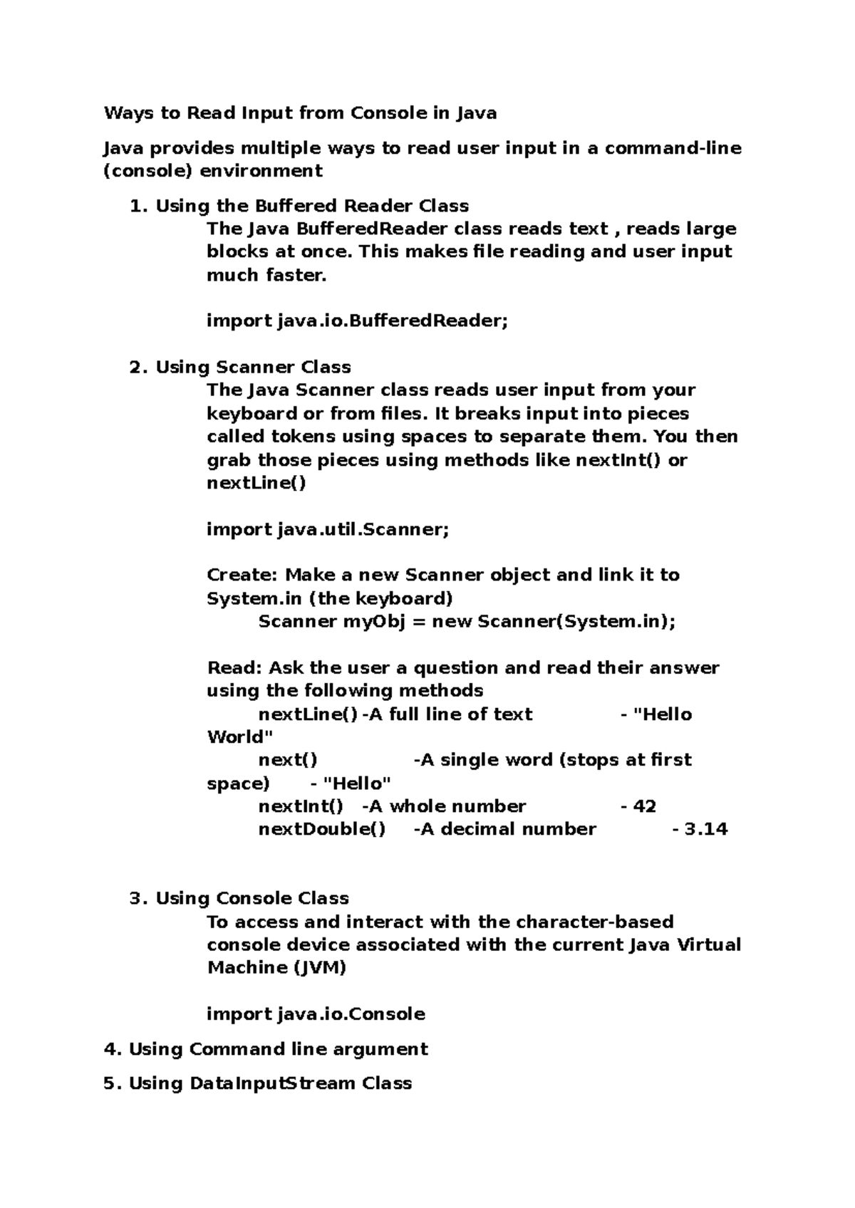 Java Console Input Methods: BufferedReader, Scanner, and More - Studocu