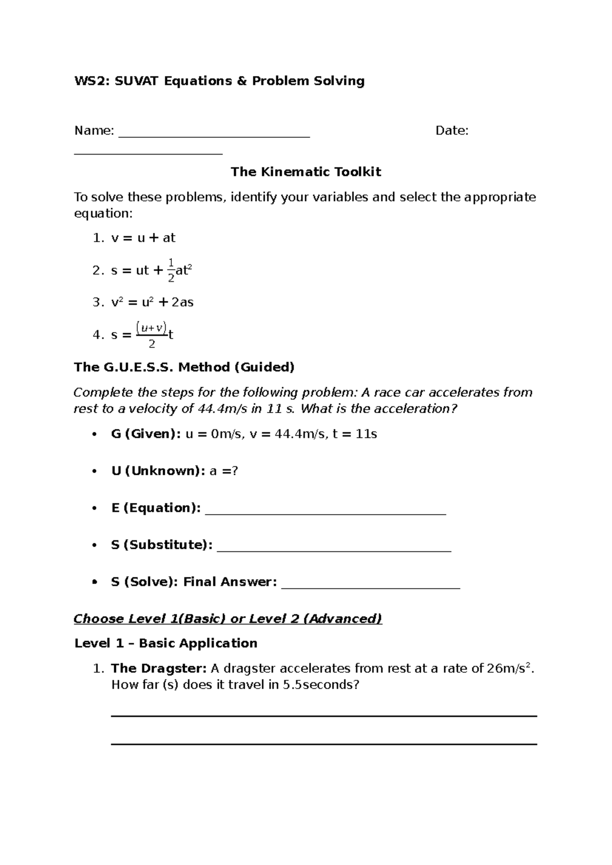 WS2: Year 11 Kinematic Equations Problem Solving Guide - Studocu