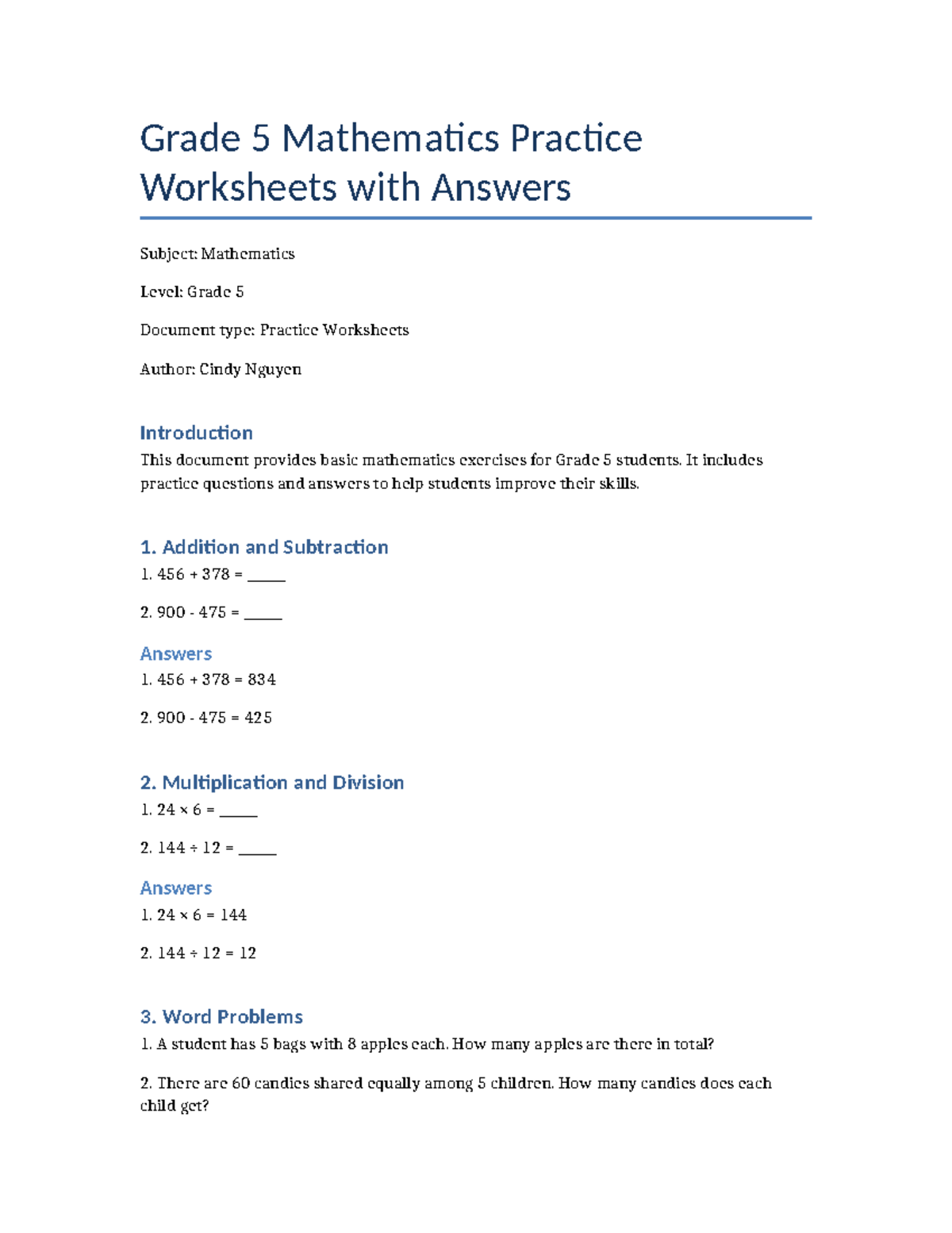 Grade 5 Math Practice Worksheets with Answers - Studocu