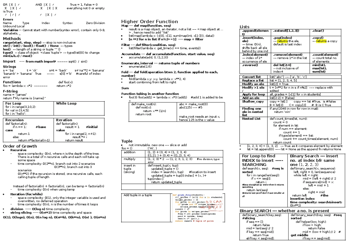 CS1010A Python Concepts Cheatsheet Part II: Expressions & Scope - Studocu