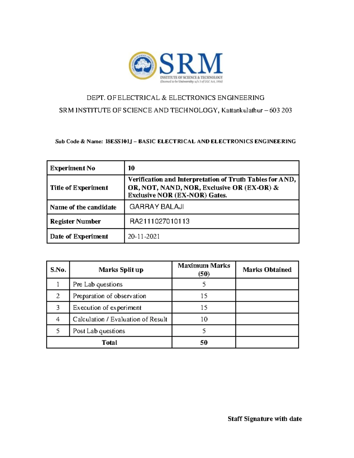 BEEE EXPERIMENT 2 - DEPT. OF ELECTRICAL & ELECTRONICS ENGINEERING SRM ...