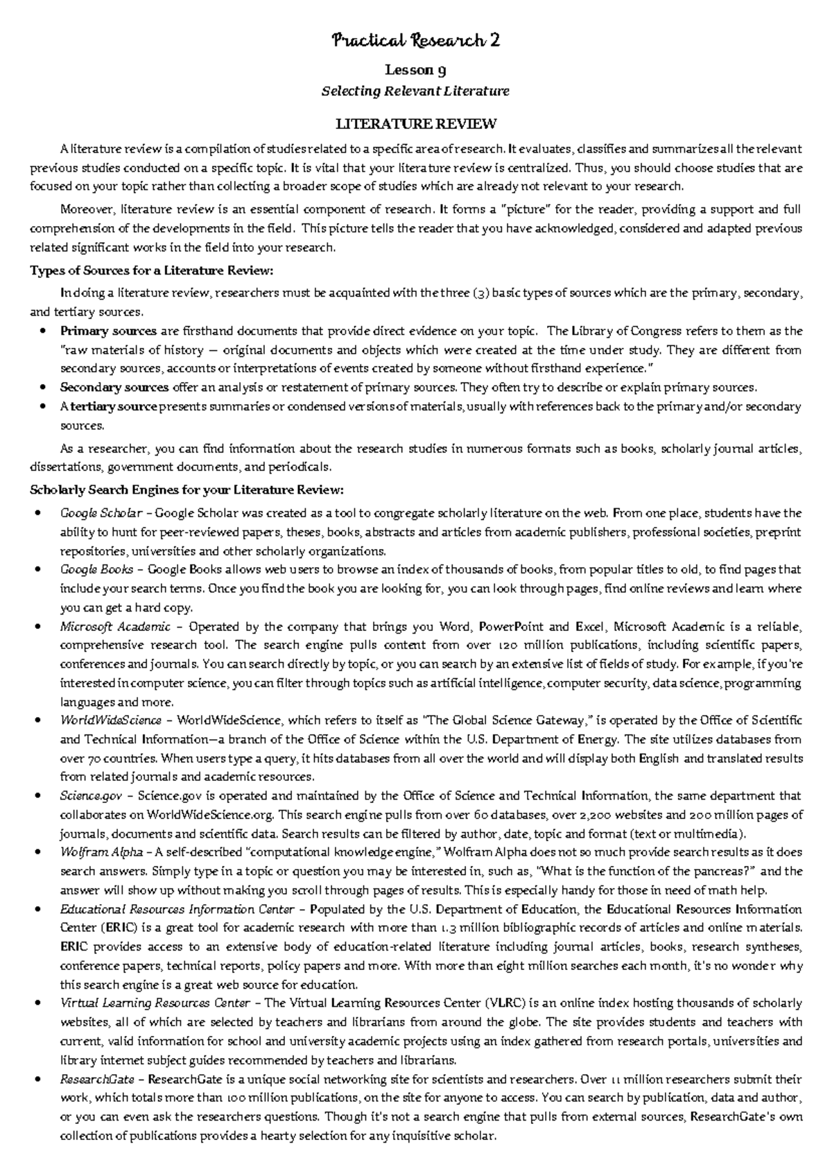 LIT Review Guide: Selecting Relevant Literature for PR2 Lesson 9 - Studocu