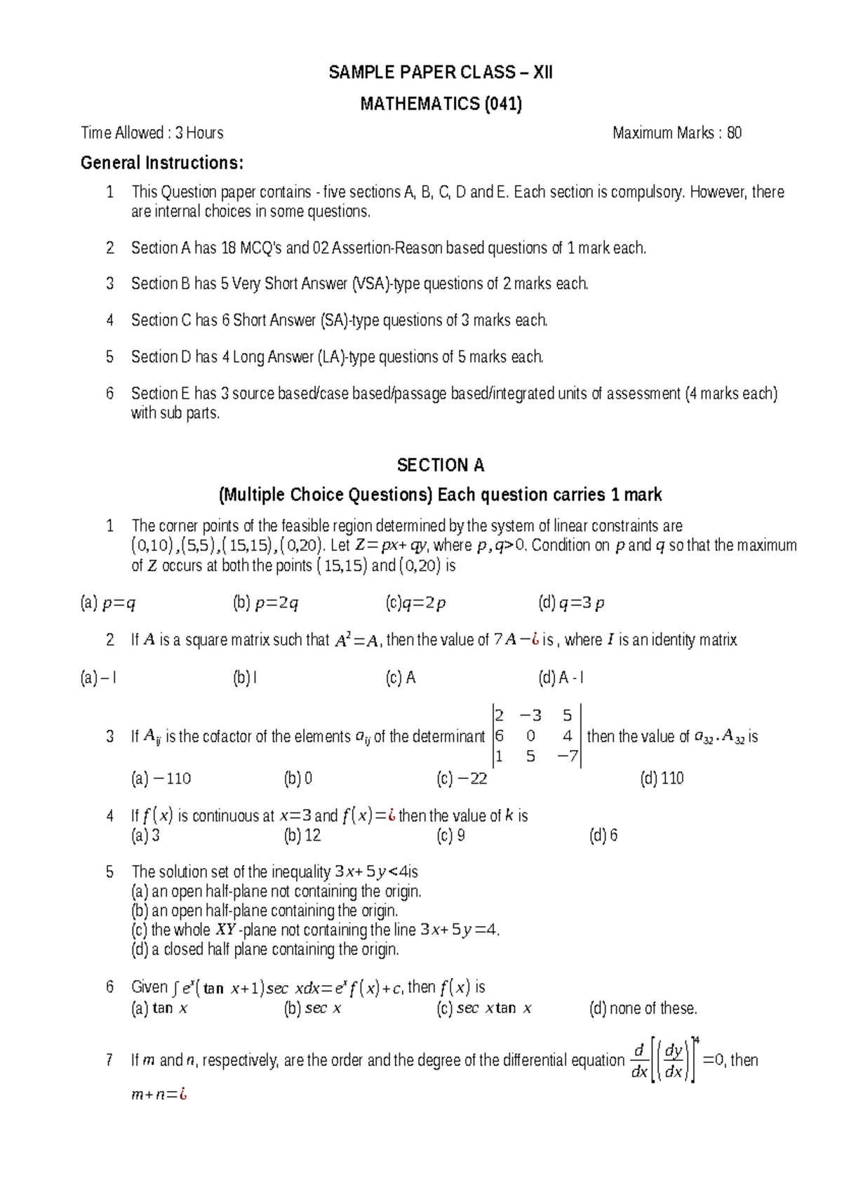 XII Maths QP - XII Mathematics QP - ####### SAMPLE PAPER CLASS – XII ...