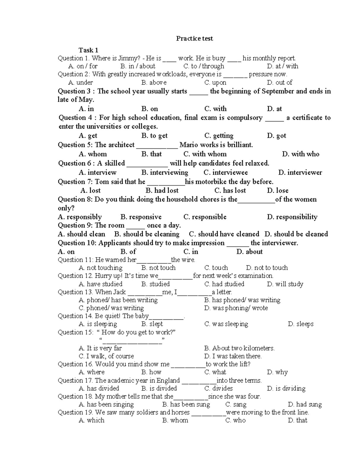 Practice Test 1 - English Language Skills Assessment - Studocu