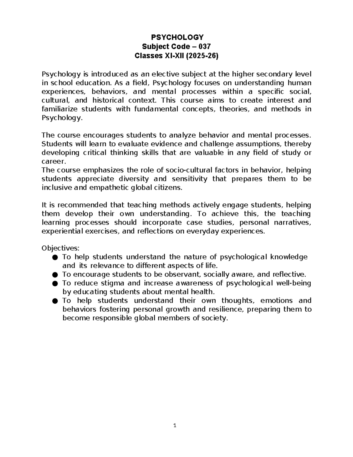 Psychology Course Overview & Structure for Sr Sec 037 (2025-26) - Studocu