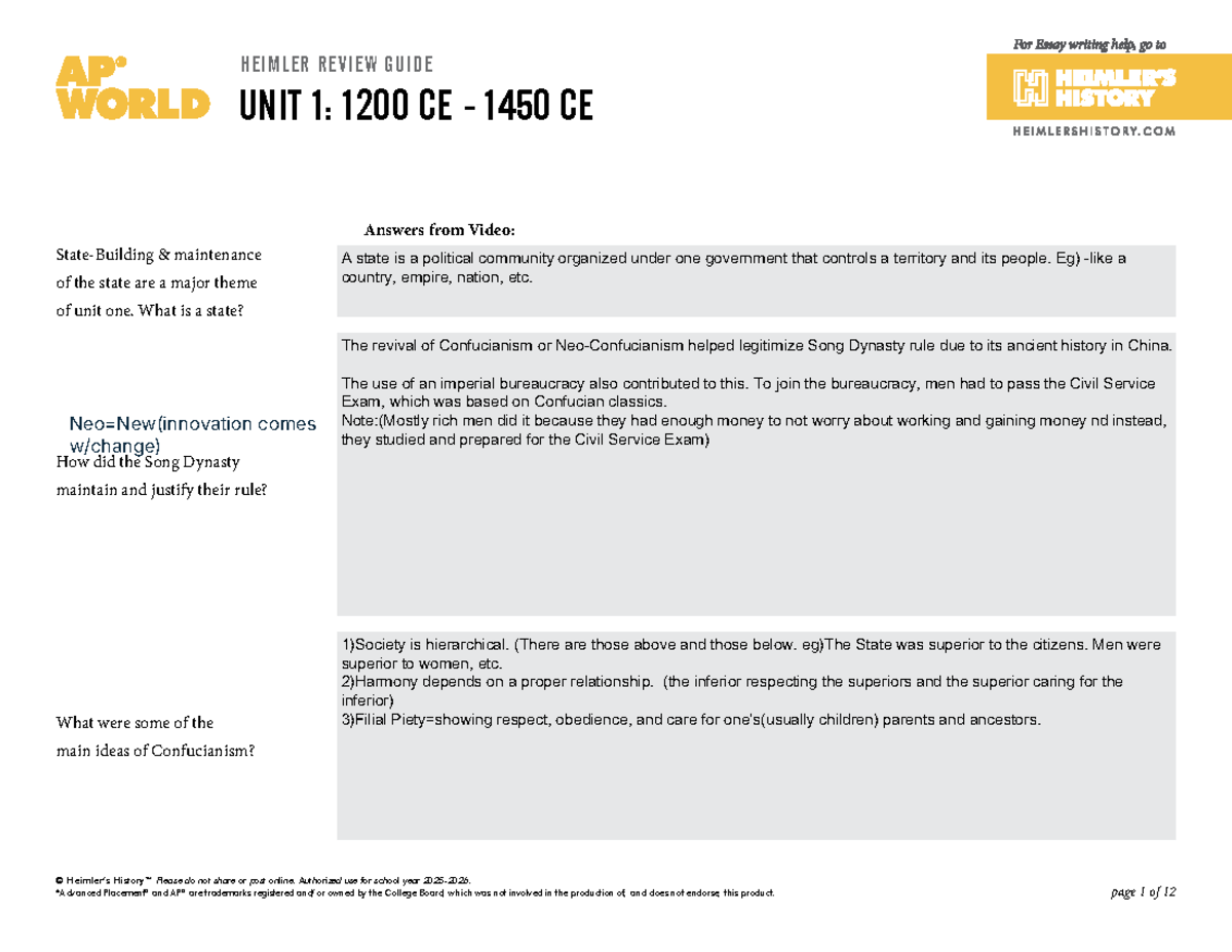 AP World History Review Guide: Unit 1 (1200-1450 CE) Overview - Studocu