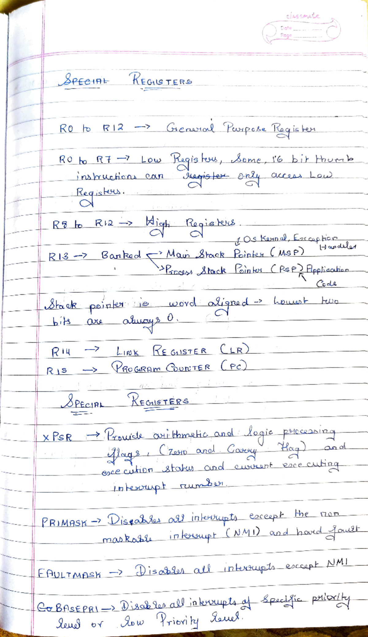 Embedded Computing Notes P-1 - classmate Date Page SPECIAL REGISTERS RO ...