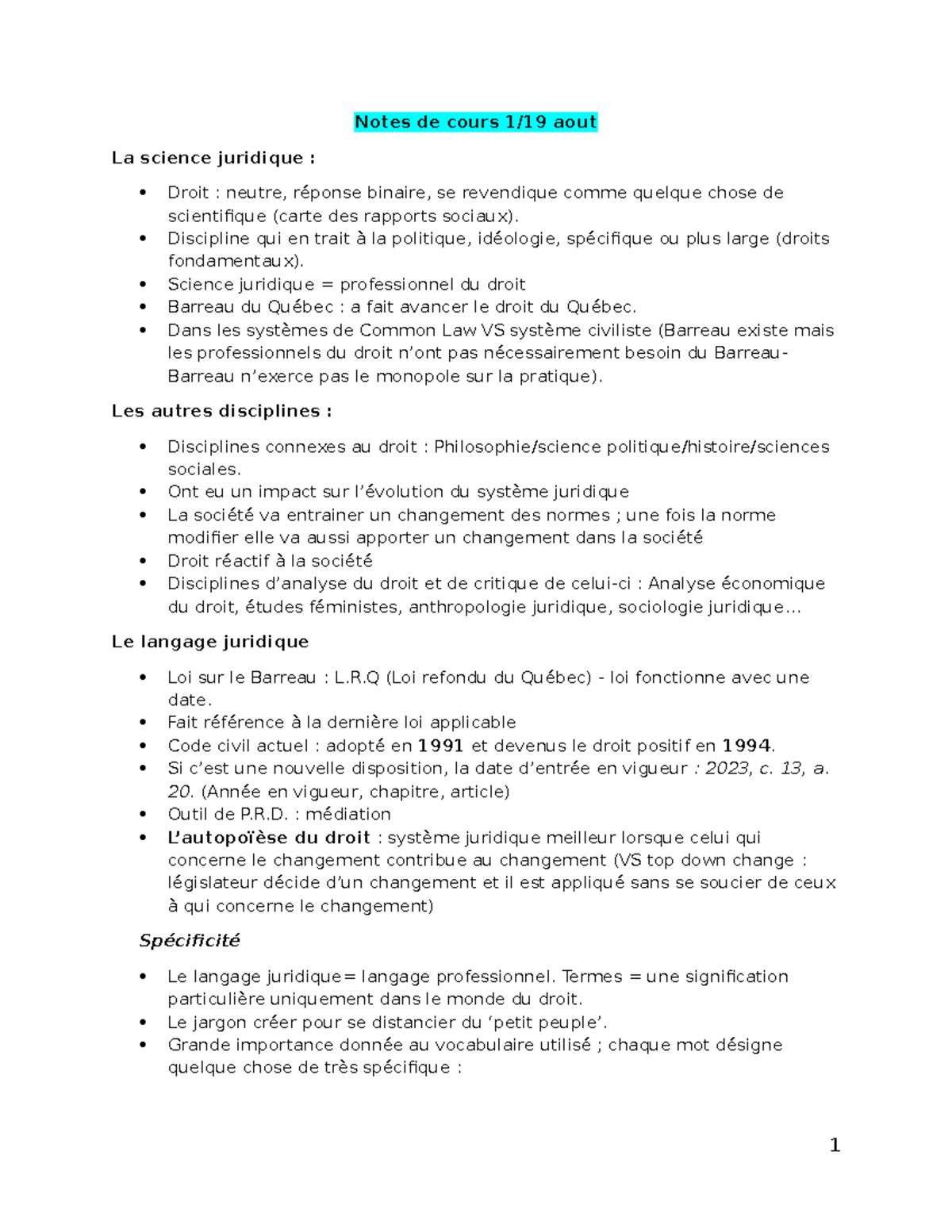 Notes de cours - Introduction au Droit (Droit 101) - Studocu
