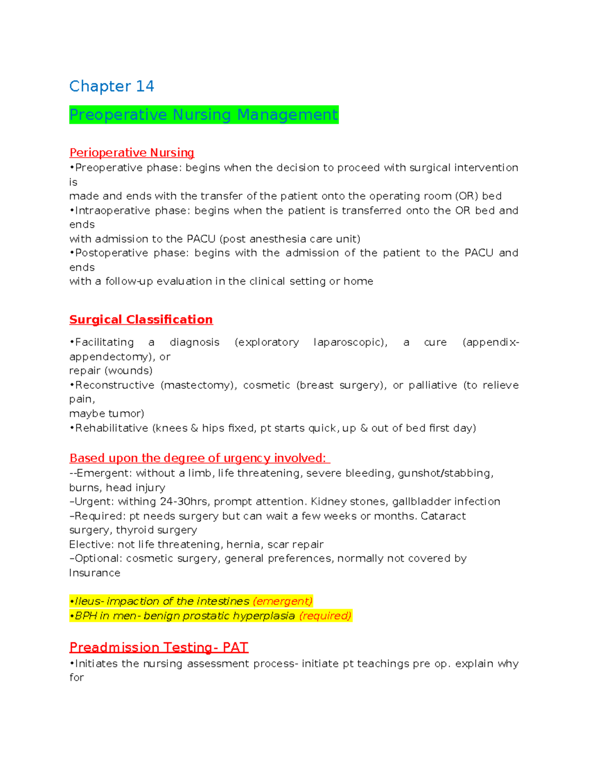 PR0 2 - Chapter 14: Preoperative Nursing Management Overview - Studocu