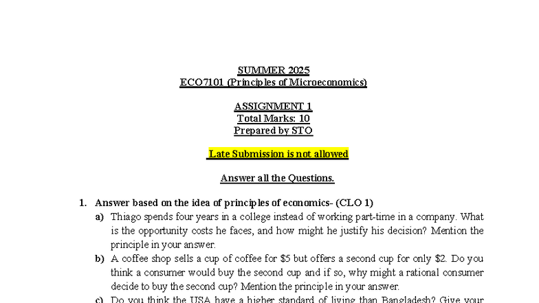 ECO7101 - Summer 2025 Principles of Microeconomics Assignment 1 - Studocu