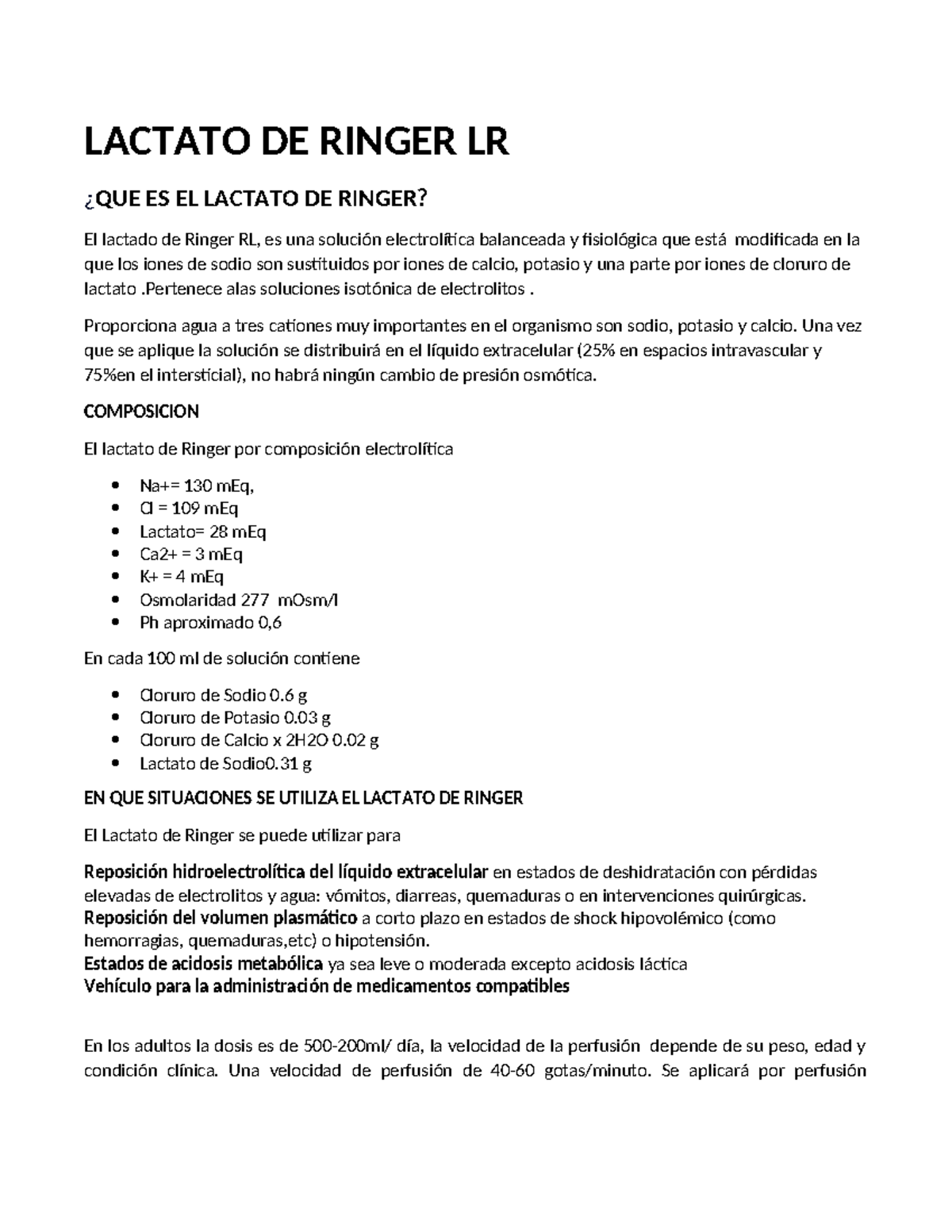 Lactato de Ringer: Solución Electrolítica y Usos Clínicos - Studocu