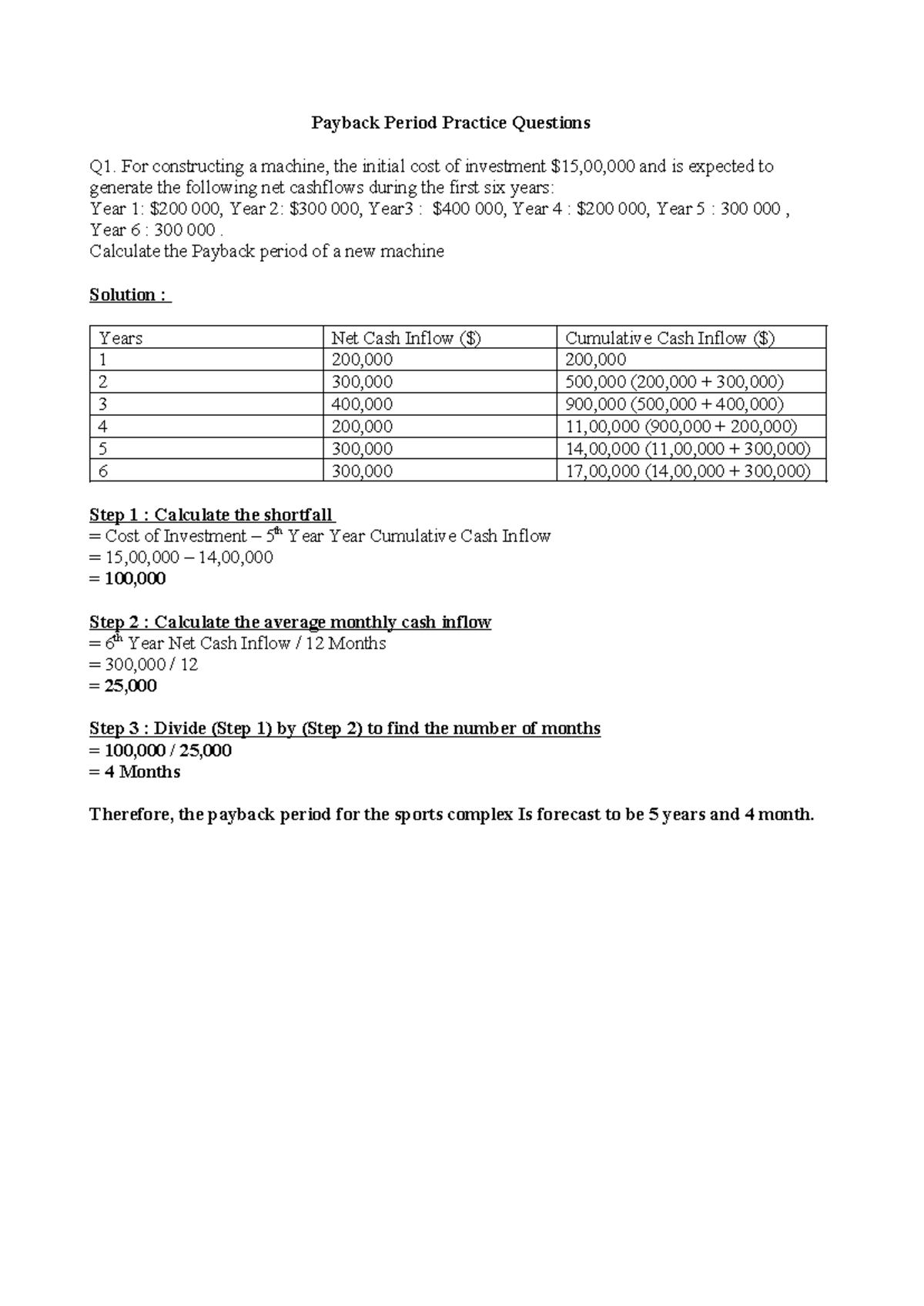 Payback Period Practice Questions - Investment Calculations and ...