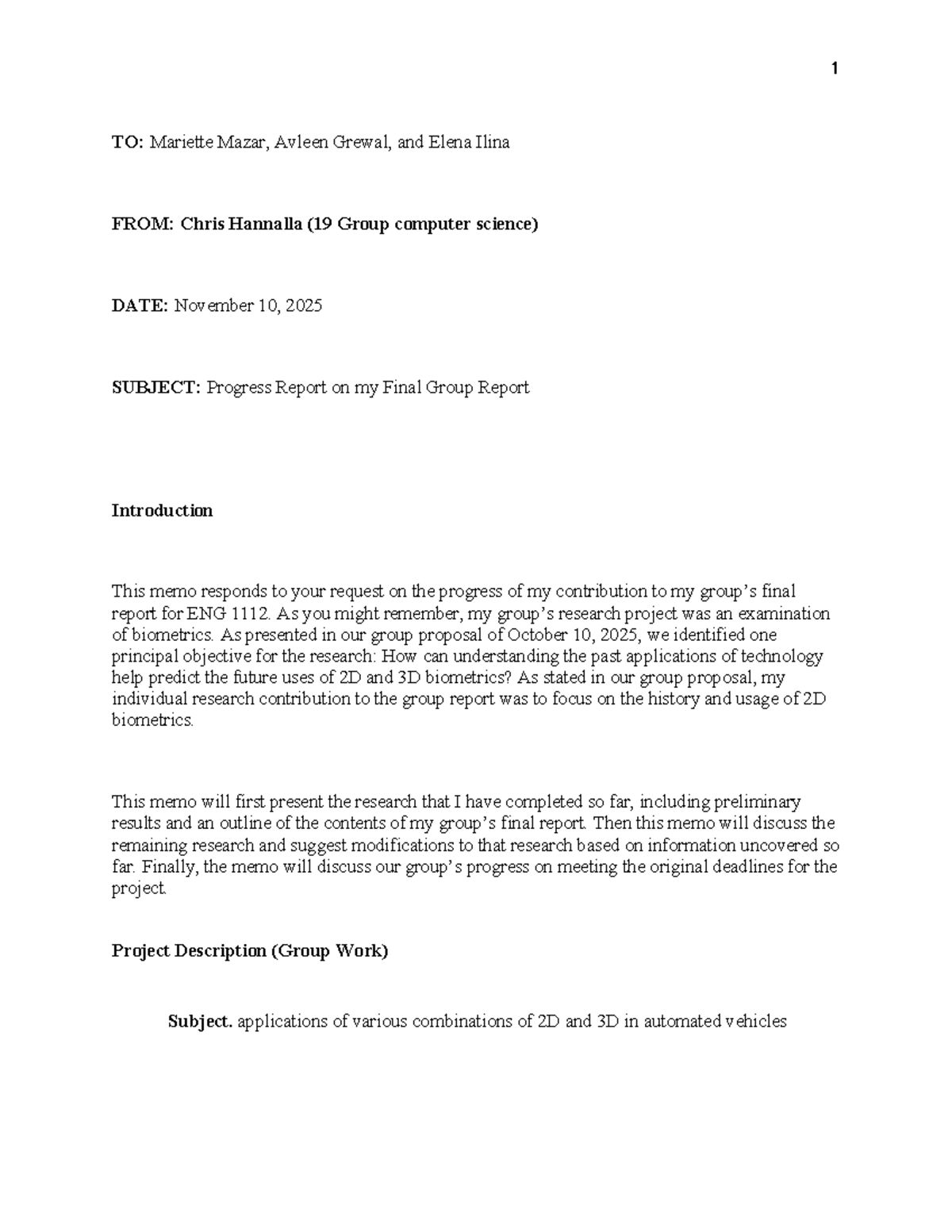 ENG 2025: Progress Report on 2D Biometrics Research for Final Group ...