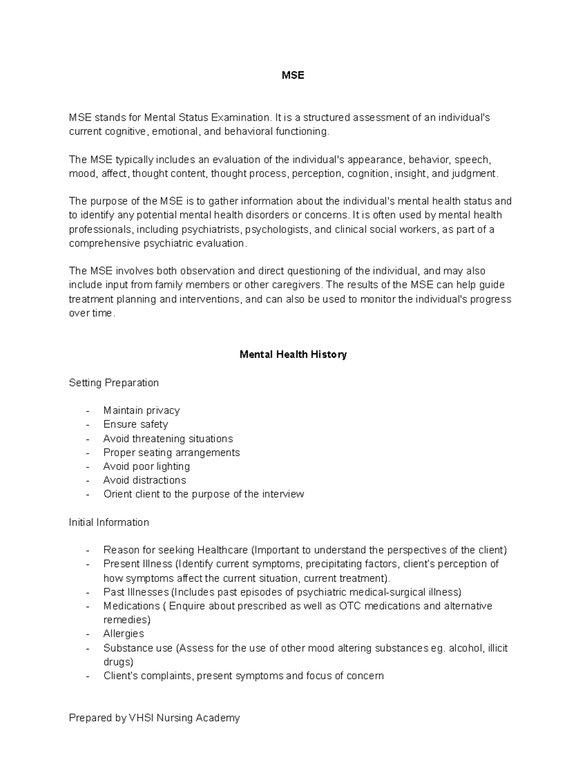 MSE - Comprehensive Guide to Mental Status Examination - Studocu