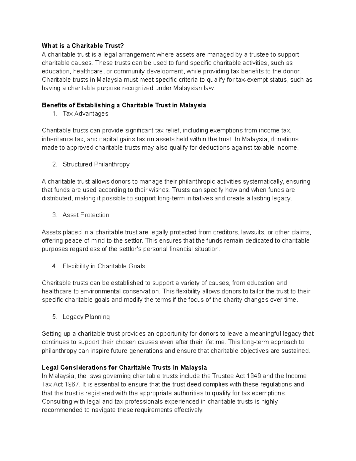 Charitable Trusts in Malaysia: Legal Framework & Benefits - Studocu
