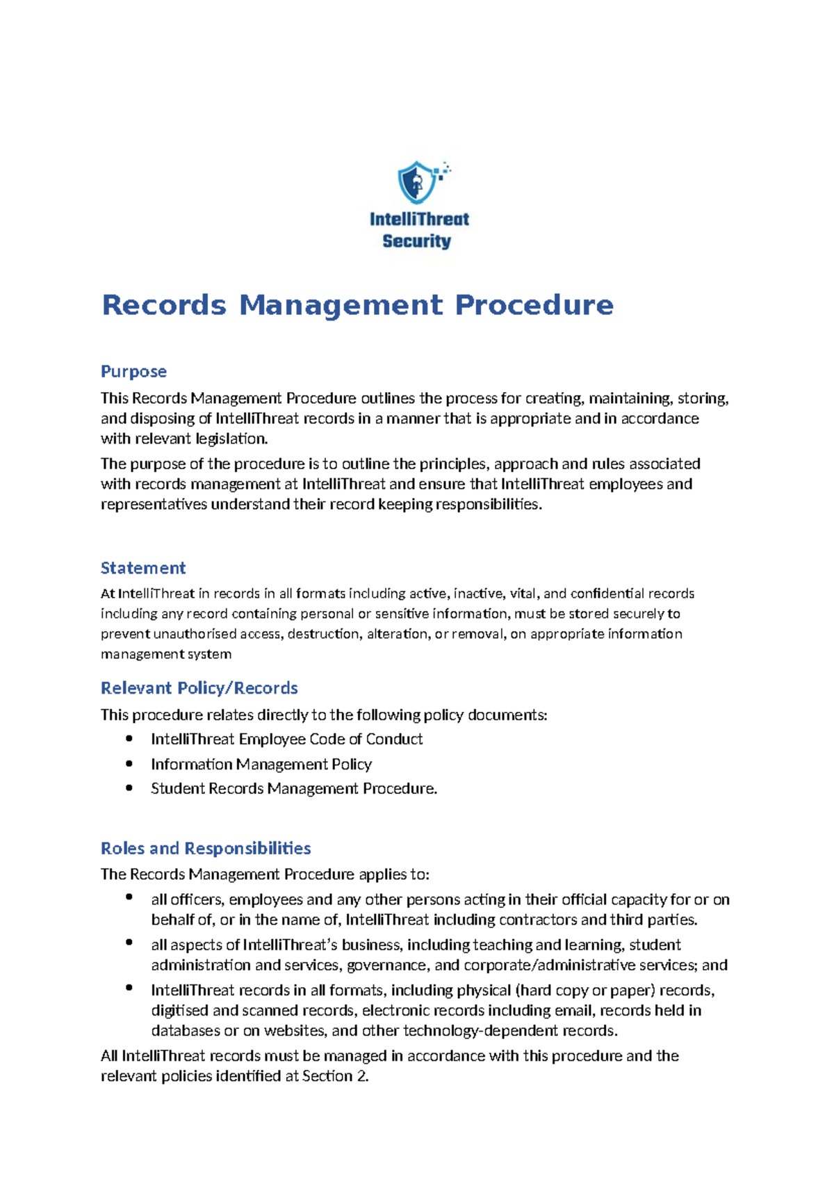 IntelliThreat Records Management Procedure Overview and Guidelines ...