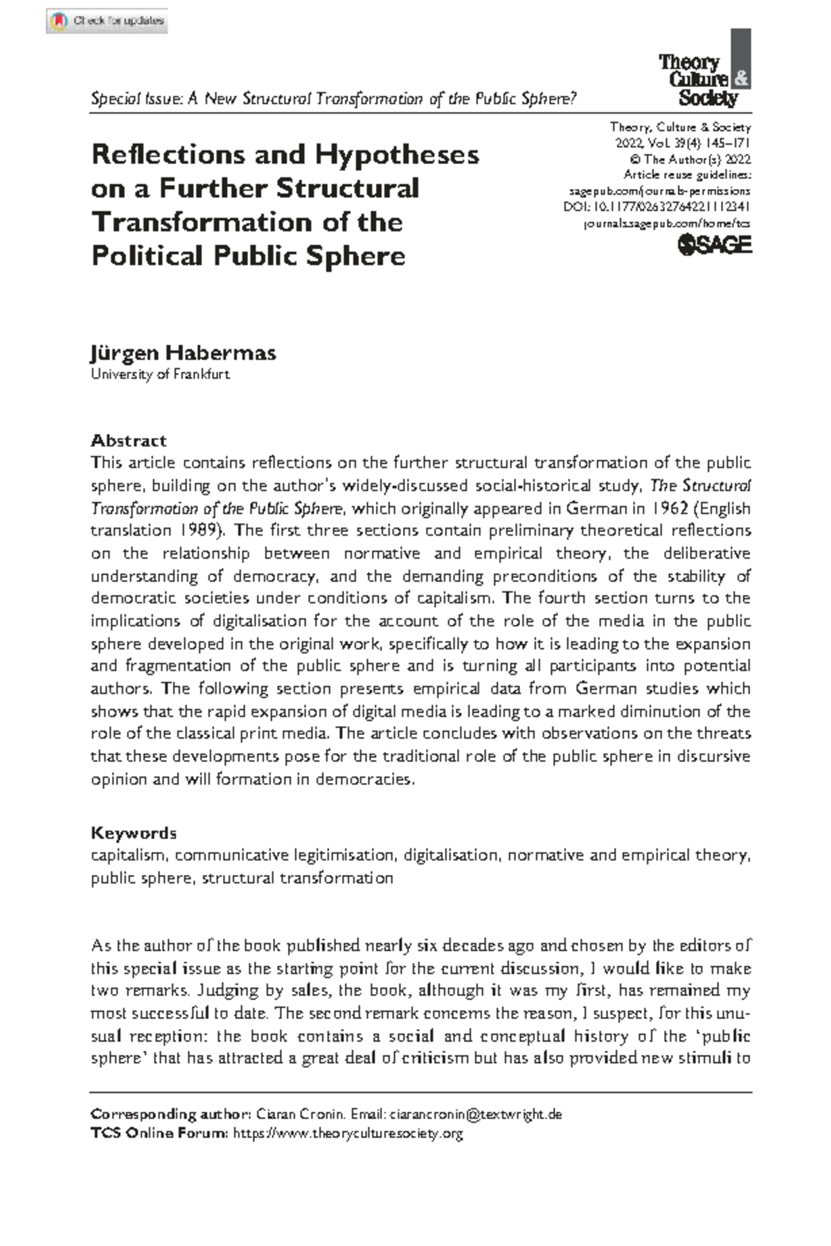 Reflections on the Structural Transformation of the Political Public ...