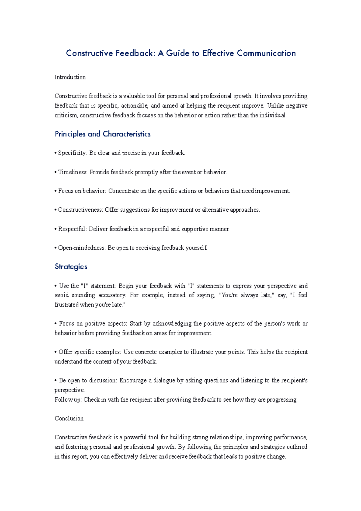Effective Communication and Constructive Feedback Report 1 - Studocu