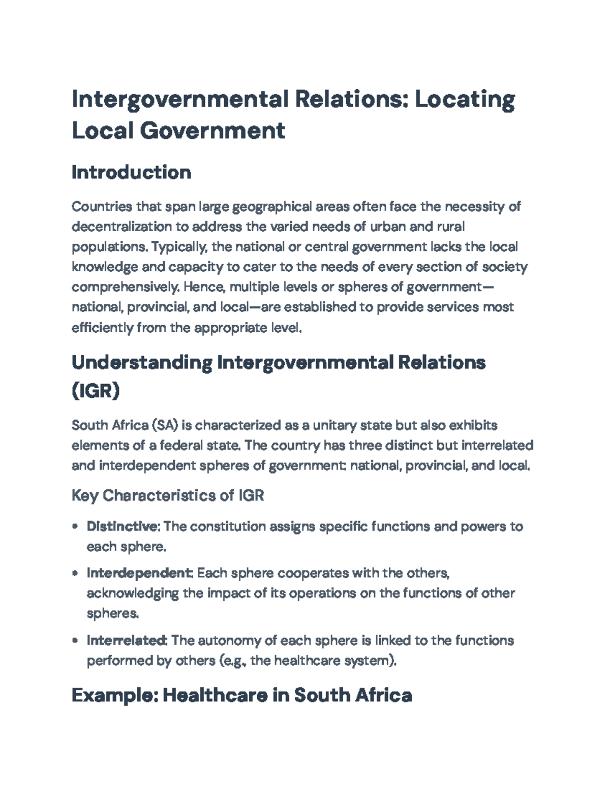 Intergovernmental Relations in South Africa: An IGR Overview - Studocu