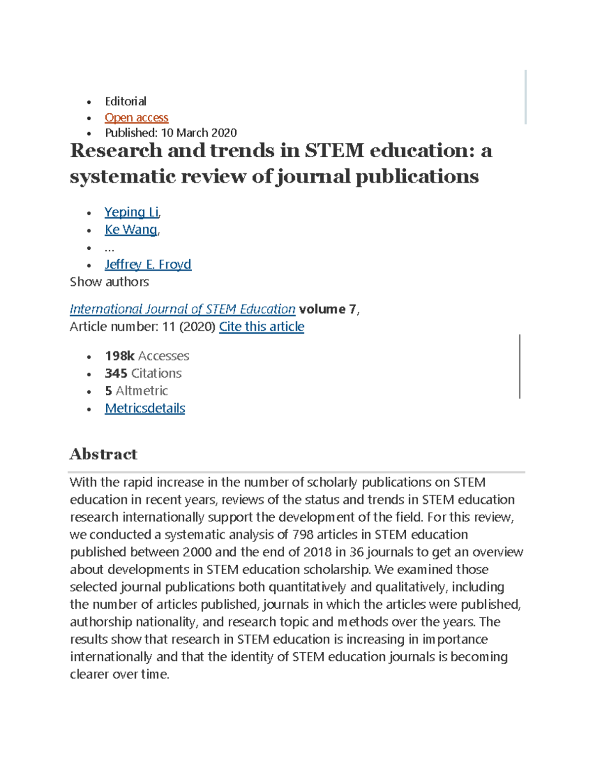 Research Trends in STEM Education: A Systematic Review (2020) - Studocu