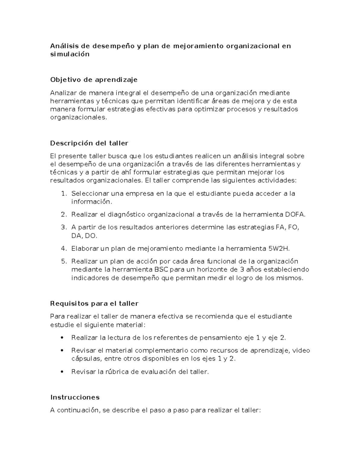 Análisis de Desempeño y Mejoramiento Organizacional - Simulación - Studocu