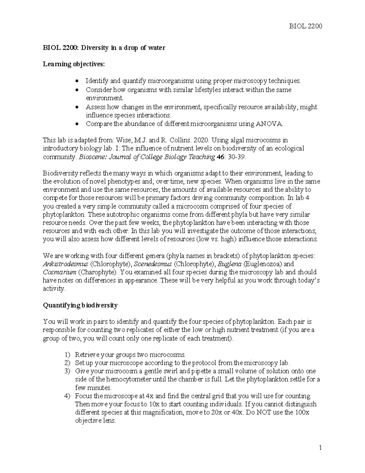 BIOL 2200: Lab on Phytoplankton Diversity & Resource Interactions - Studocu