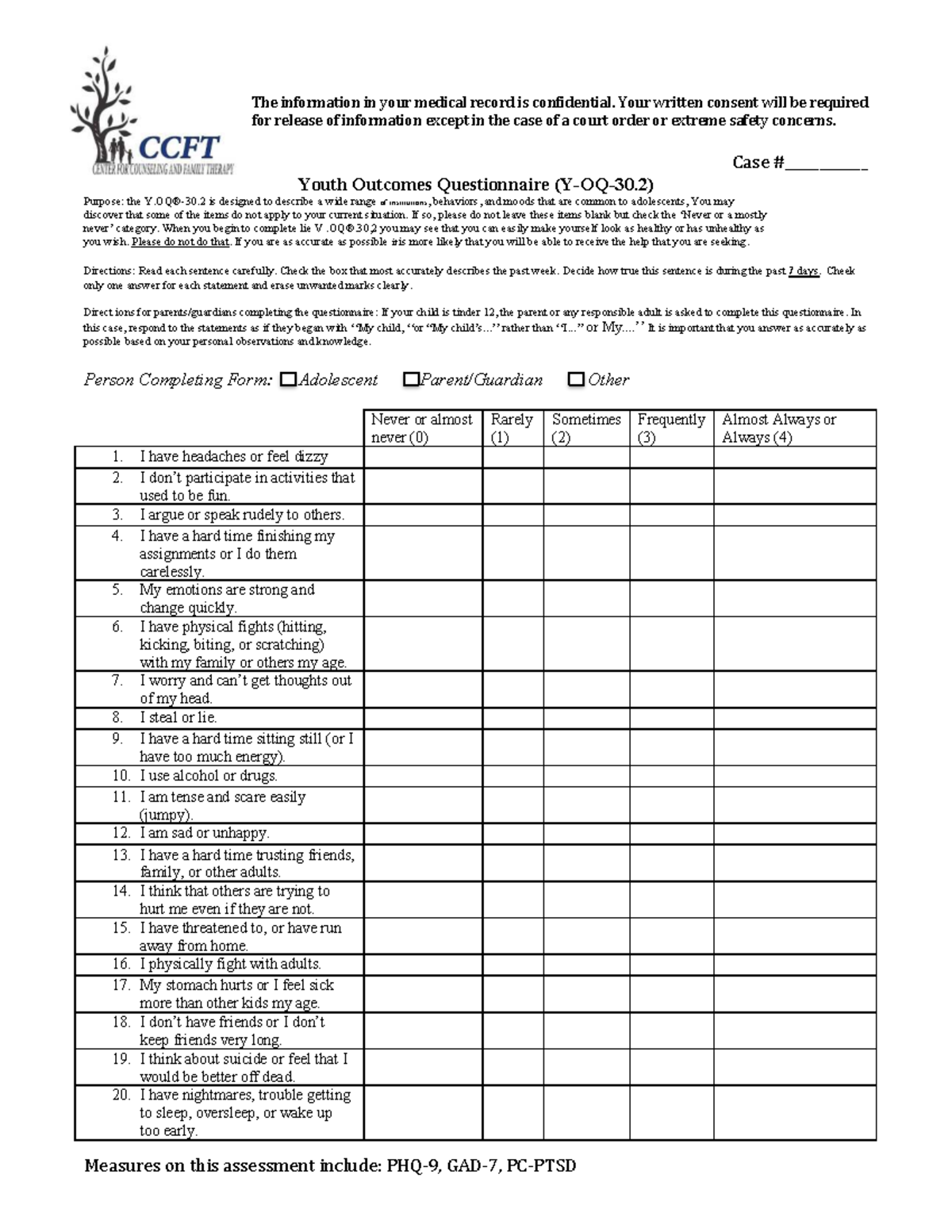Youth Intake Assessment: Confidentiality and Questionnaire Guidelines ...