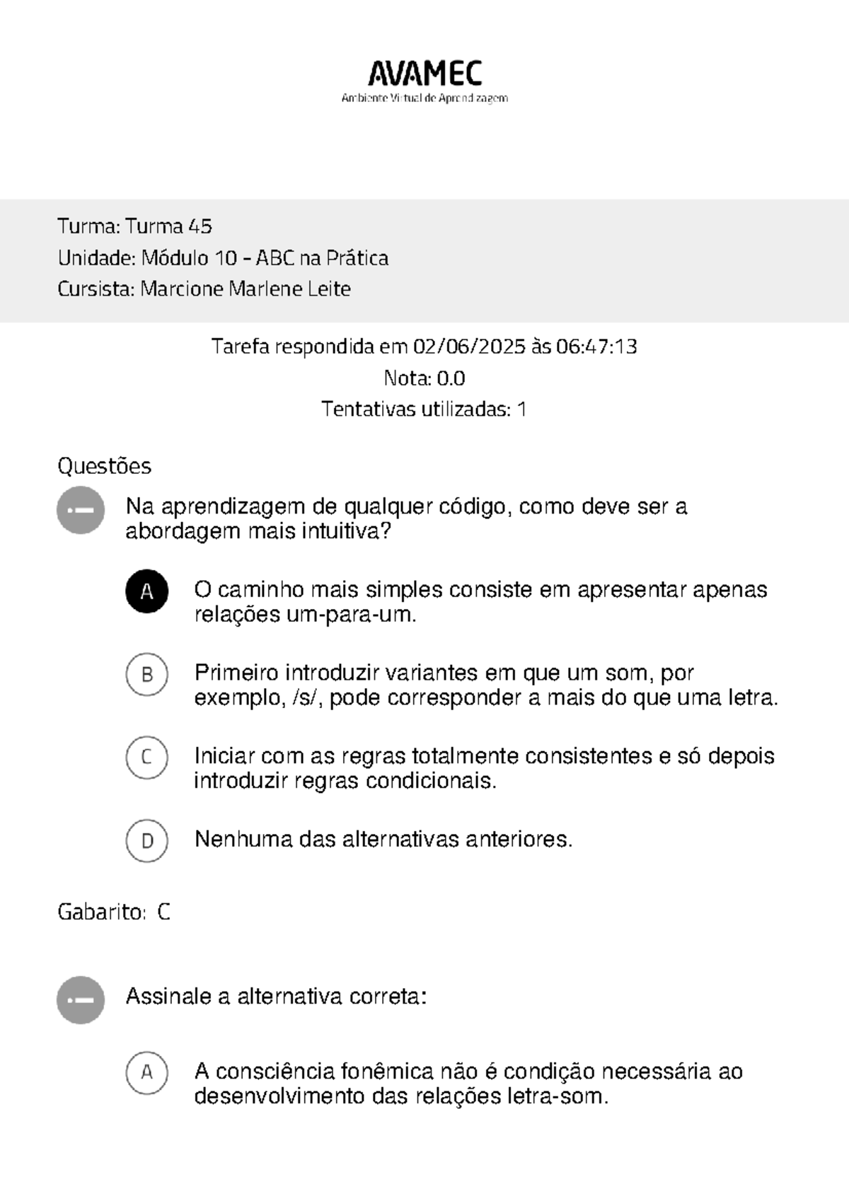 Resposta do Questionário 24 - Quizz Módulo 10 - ABC na Prática - Studocu